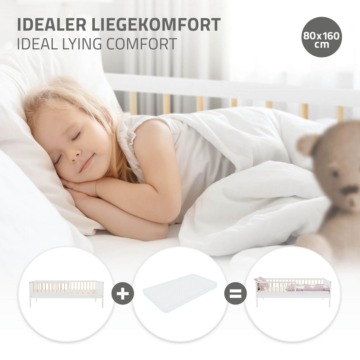KINDERBETT 80x160 cm Weiß/Natur - Multicolor, Holzwerkstoff - ML-DESIGN