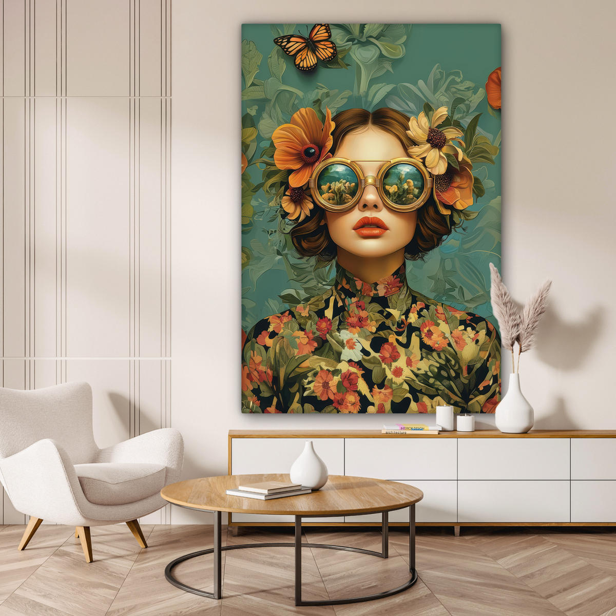 LEINWANDBILD Frau - Blumen - Schmetterlinge - Natur - Vintage Deko Groß 90x140 cm - Salbeigrün, Textil (90/140cm) - MuchoWow
