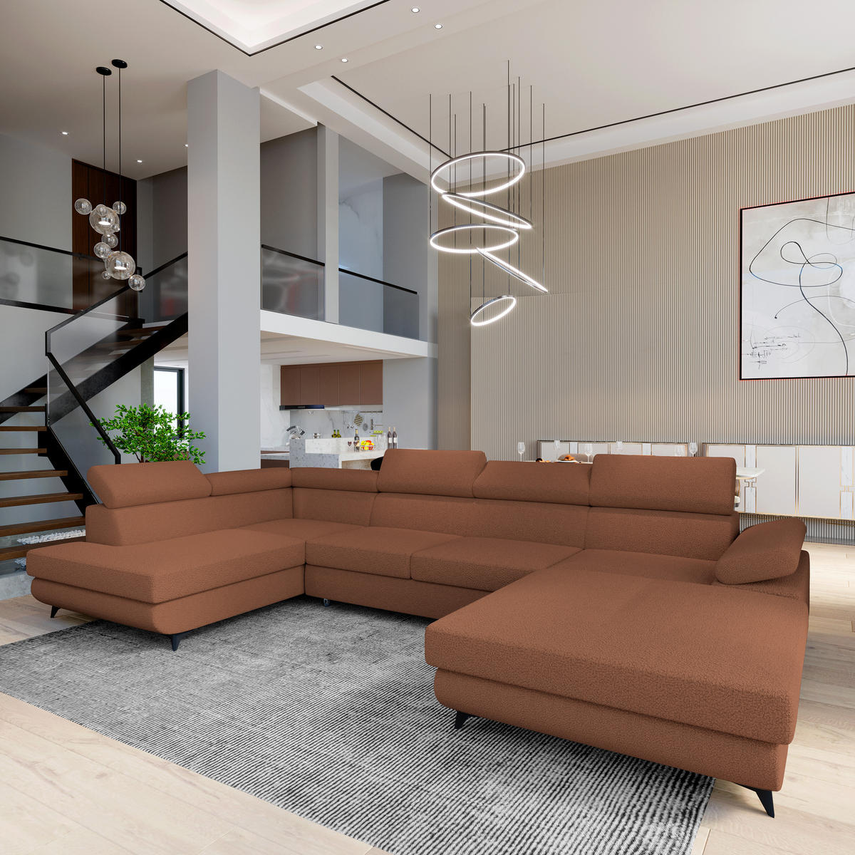 WOHNLANDSCHAFT RUBANO L-S Kupferfarben Boucle-Stoff mit Schlaffunktion - Kupferfarben, Holz (339/89/190cm) - MASSENO