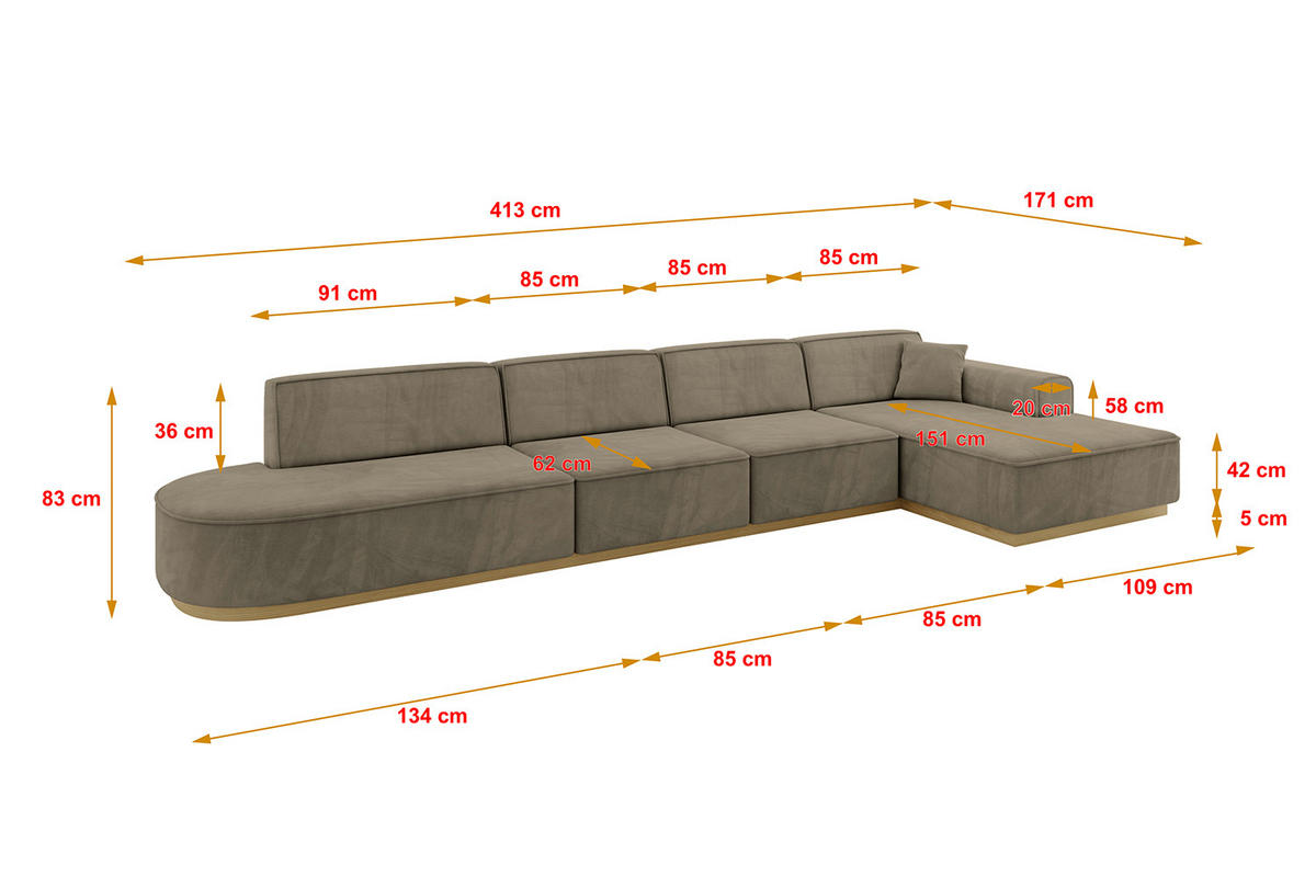 ECKSOFA Ottomane Rechts IREA-L3-v2 - 413x171x83 cm Braun - Braun, Holzwerkstoff/Textil (171/413cm) - ALTDECOR