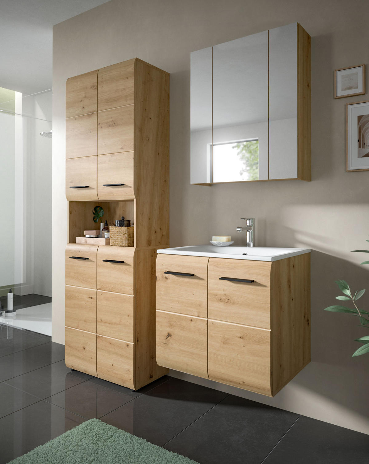 BADMÖBEL-SET Eiche Artisan 3-teilig, Badkombination 135 cm inklusive Waschbecken, Cover - Schwarz/Eiche Artisan, Glas/Keramik (135/185/46cm) - Inn.Furn