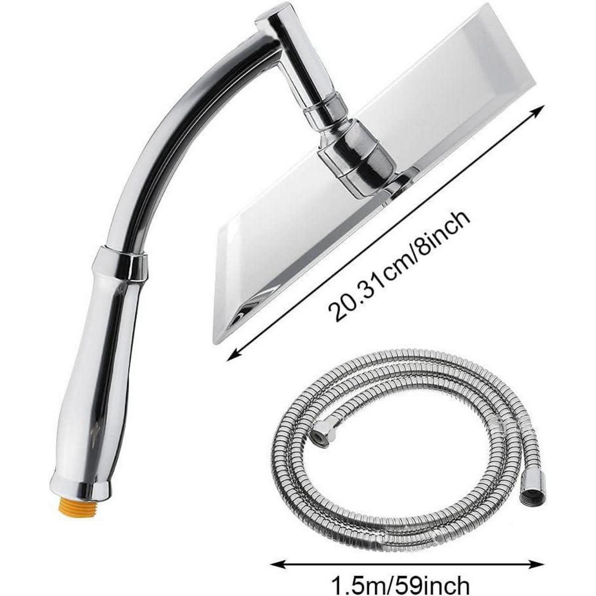 DUSCHKOPF Set mit Schlauch 8 Zoll eckig Edelstahl - Silberfarben, Metall (21/1.8/21cm)