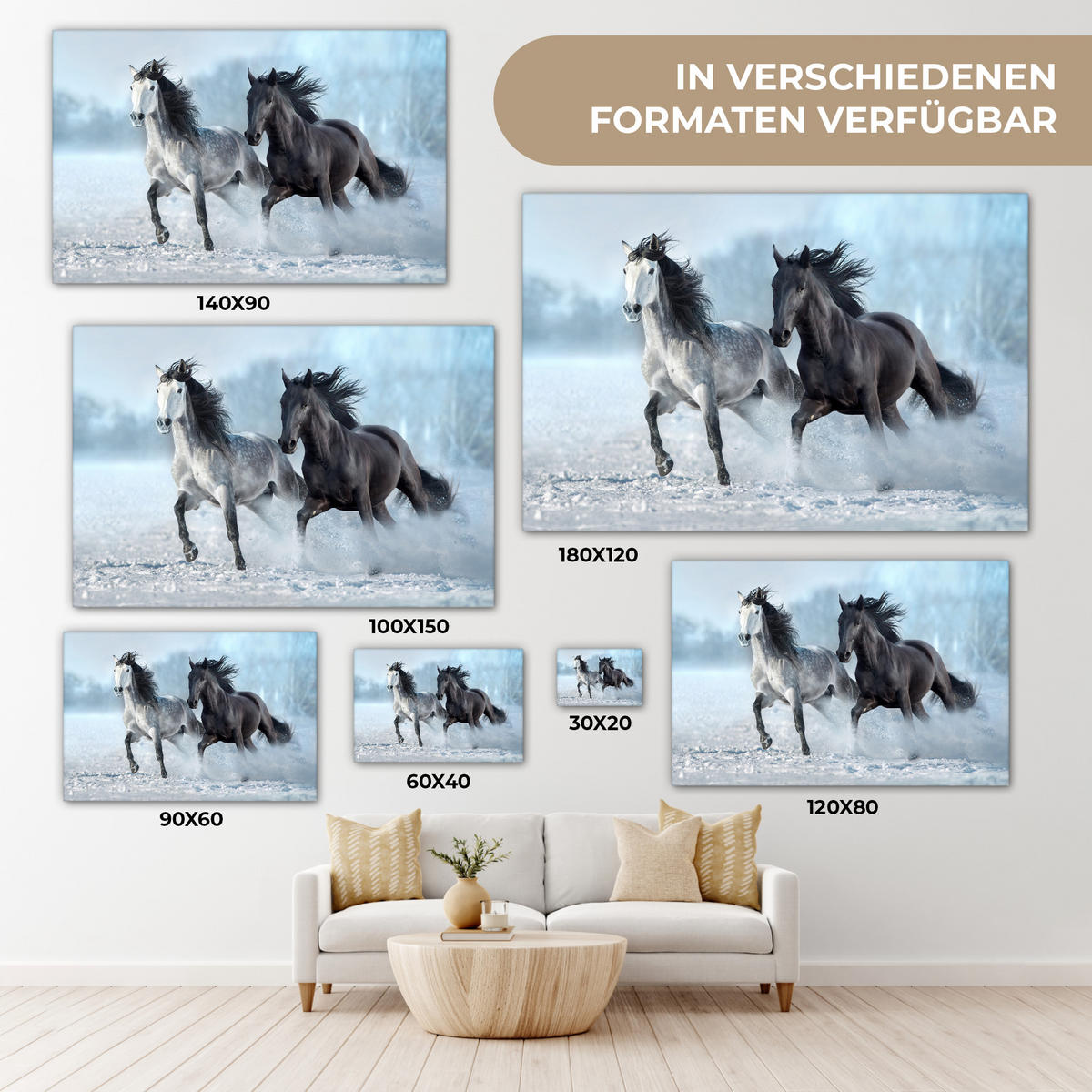 LEINWANDBILD Pferde - Winter - Tiere - Natur - Schnee XXL 150x100 cm - Anthrazit, Textil (150/100cm) - MuchoWow