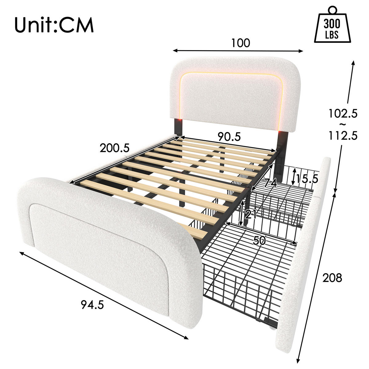 POLSTERBETT 90/200 cm Weiß mit LED-Beleuchtung und USB-Type-C-Anschlüssen - Weiß, Textil (90/200cm) - OKWISH
