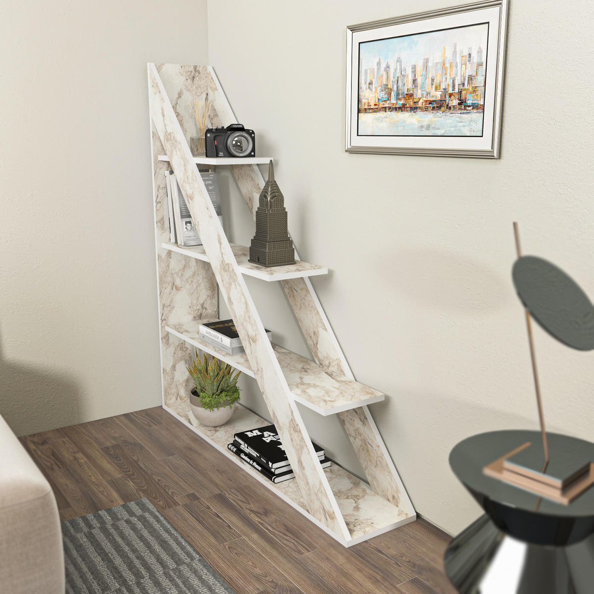 BÜCHERREGAL Pisagor Weiss Marmor - Weiß, Holzwerkstoff (25/60/120cm) - Decorotika