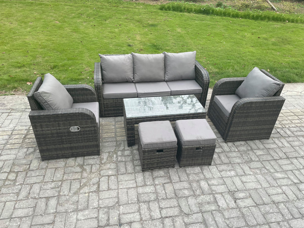 GARTENMÖBEL SET Mit Sofa Polyrattan 7-Sitzer Dunkelgrau - Dunkelgrau/Grau, Glas/Kunststoff - Fimous