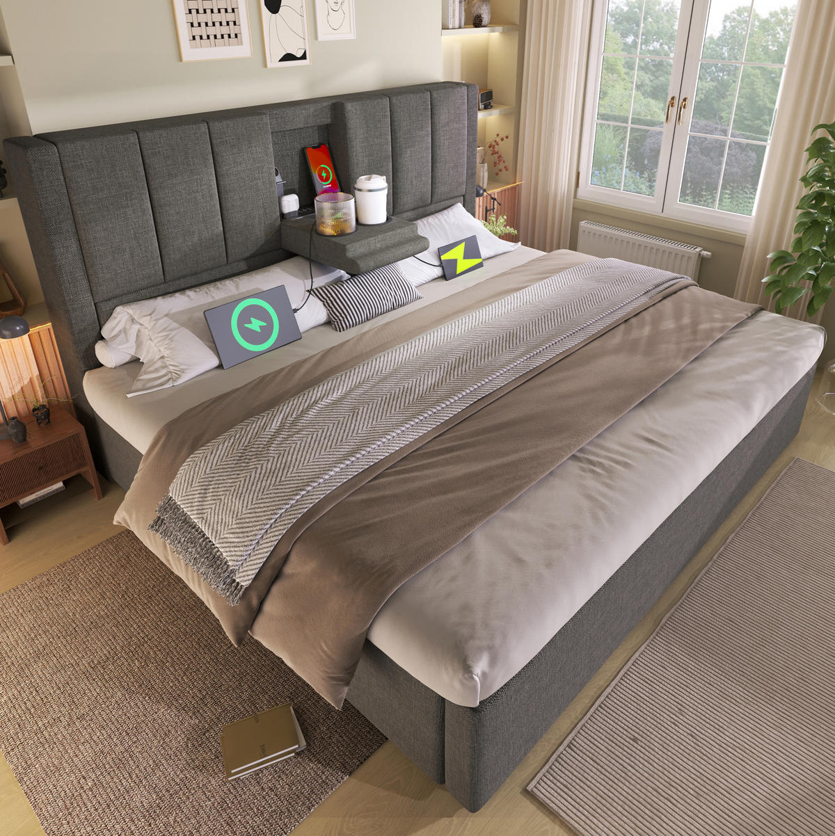 POLSTERBETT 160/200 cm mit Bettkasten, Lattenrost und Ladestation in Grau - Grau, Textil (160/200cm) - BEAOK