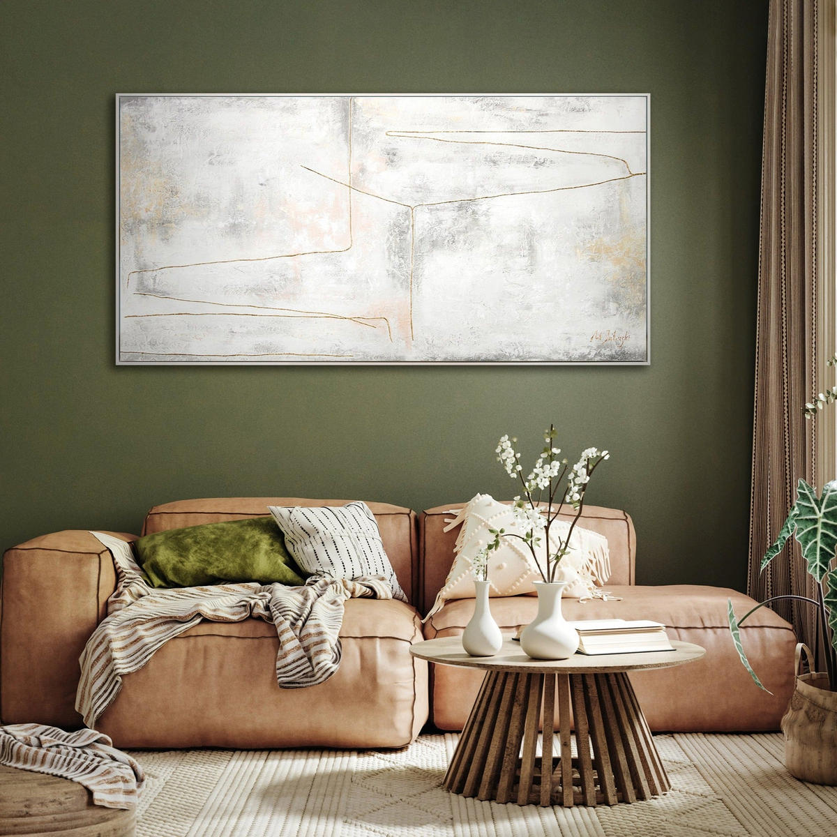 GEMÄLDE Goldene Schleife Schattenfugenrahmen Weiß 140x70 cm - Weiß, Holz (140/70cm) - YS-art gallery
