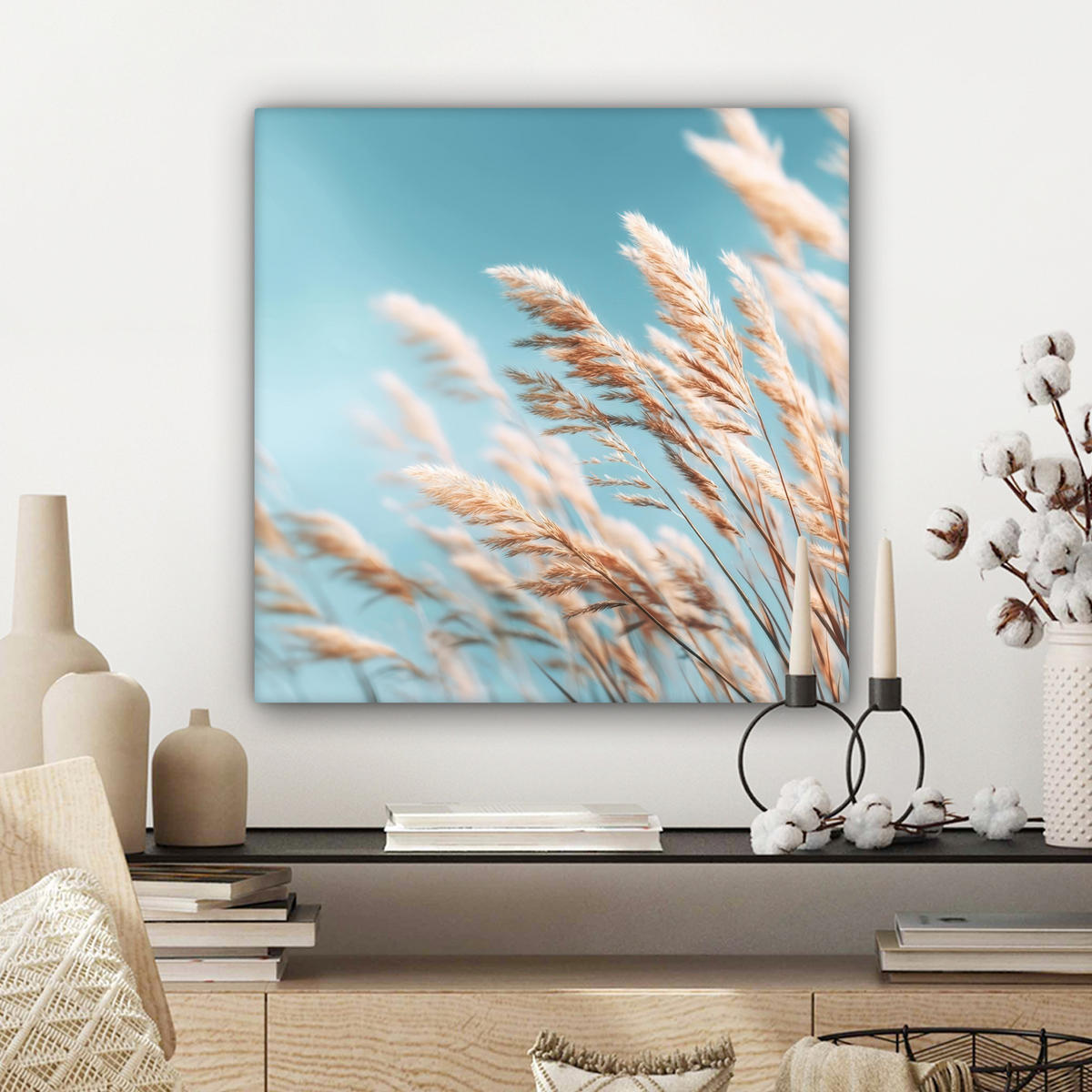 LEINWANDBILD Ziergras - Wind - Hellbraun Wandbild Wohnzimmer 50x50 cm - Hellblau, Textil (50/50cm) - MuchoWow