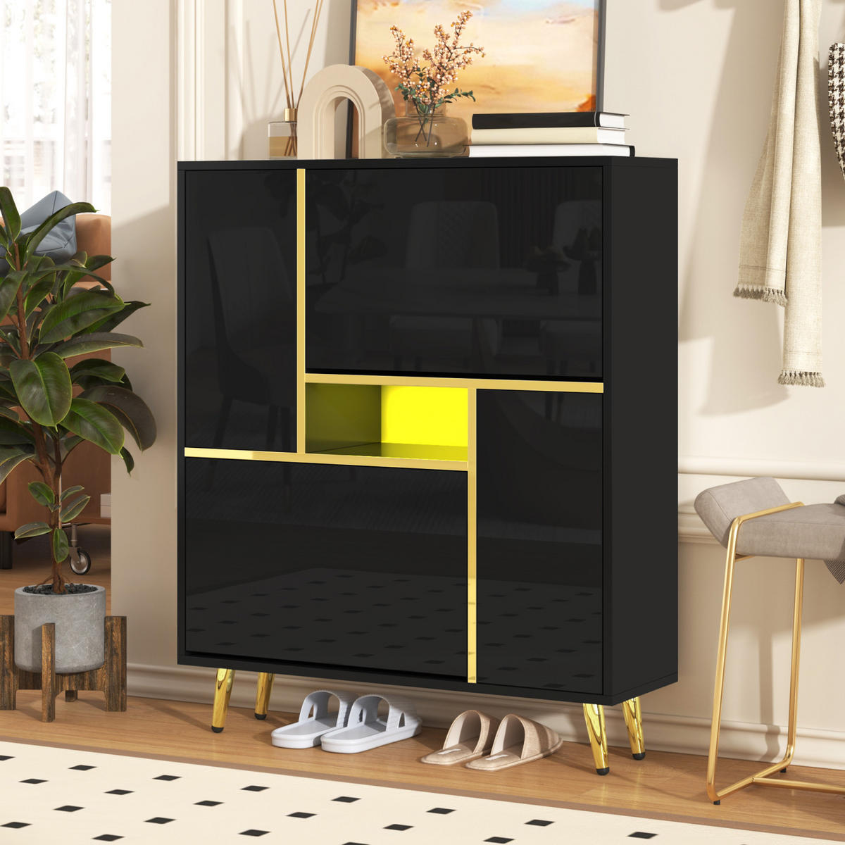 LED Schuhkommode Schwarz Hochglanz mit 2 Türen, Schuhregal 80x25x96 cm - Schwarz, Holz (80/96/25cm) - PARAFTA HOME