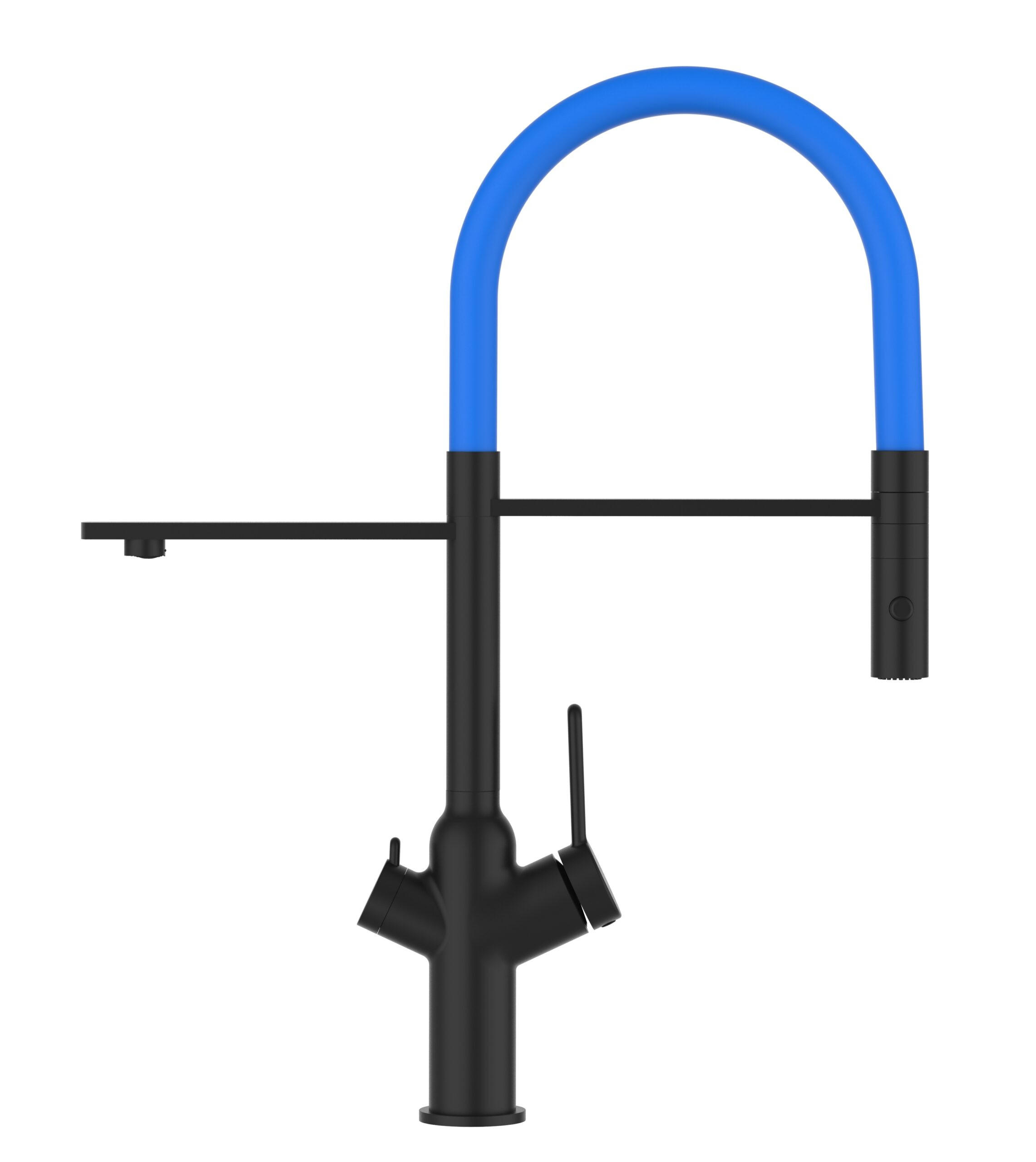 3-WEGE-KÜCHENARMATUR, Schwarz Matt und Hellblau, 2-Strahl-Brause - Schwarz/Hellblau, Metall (20.61/48/20.61cm) - VIZIO