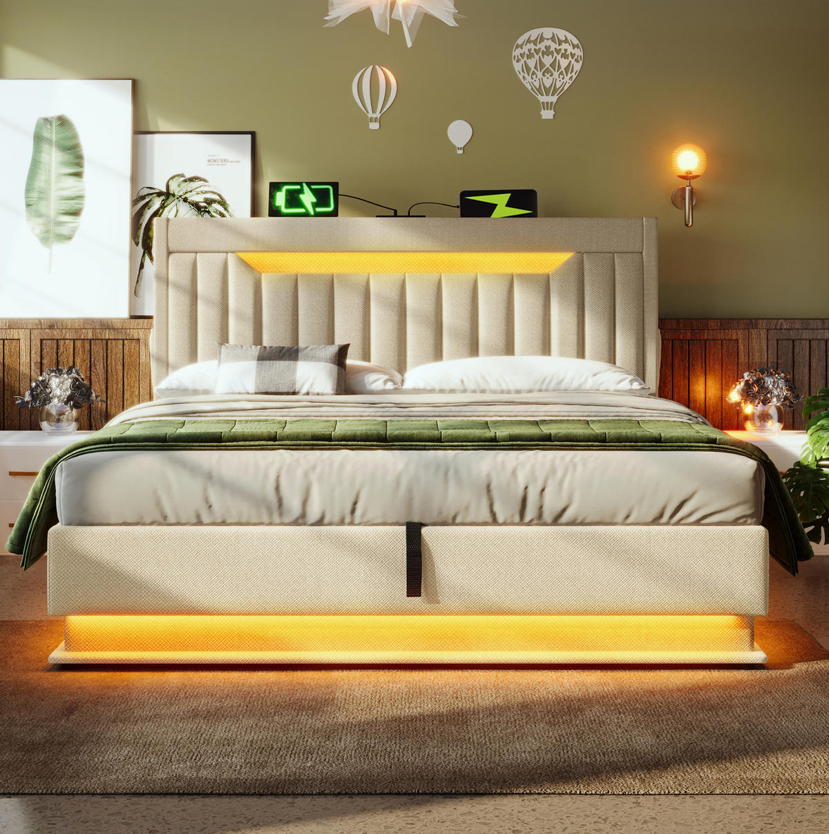 POLSTERBETT mit LED-Beleuchtung 140/200 cm mit Bettkasten & Ladefunktion, Beige - Beige, Textil (140/200cm) - BEAOK