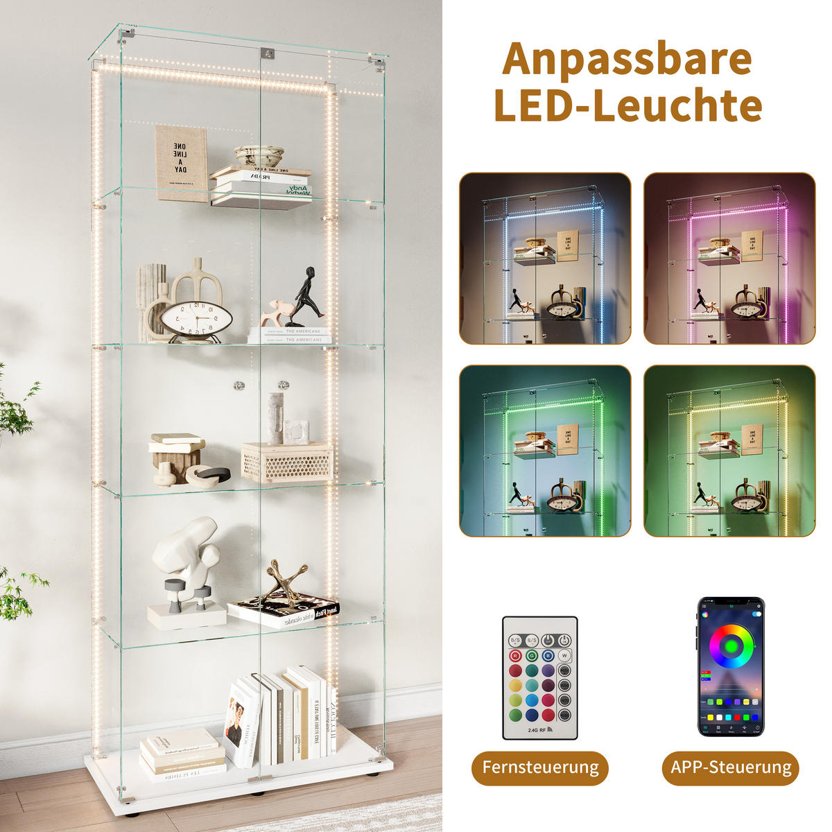 STANDVITRINE 78,5x186,5cm Weiß mit LED-Leisten, 5 Böden, abschließbar - Weiß, Glas (34.5/186.5/78.5cm) - SHOPENTRA