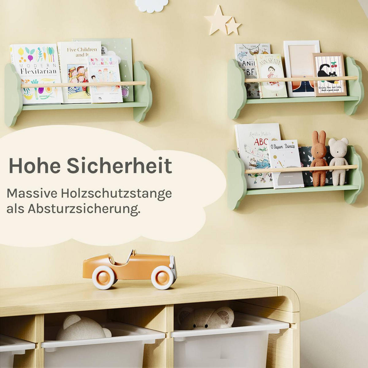 KINDER-WANDREGAL 3er Set, Kiefernholz, 55 x 12,7 x 23cm, Grün - Grün, Holz/Holzwerkstoff (55/23/12.7cm) - Woltu