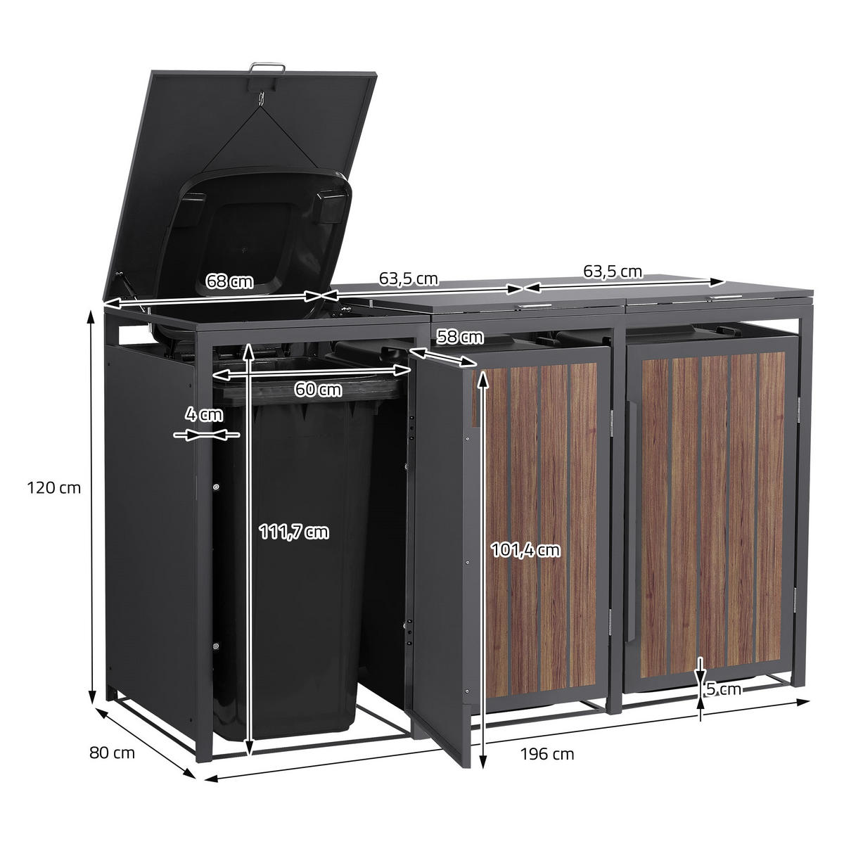 MÜLLTONNENBOX 3er 240L 196x80x120 cm Anthrazit-Eiche dunkel aus Stahl - Dunkelbraun, Metall (80/120/196cm) - ML-DESIGN