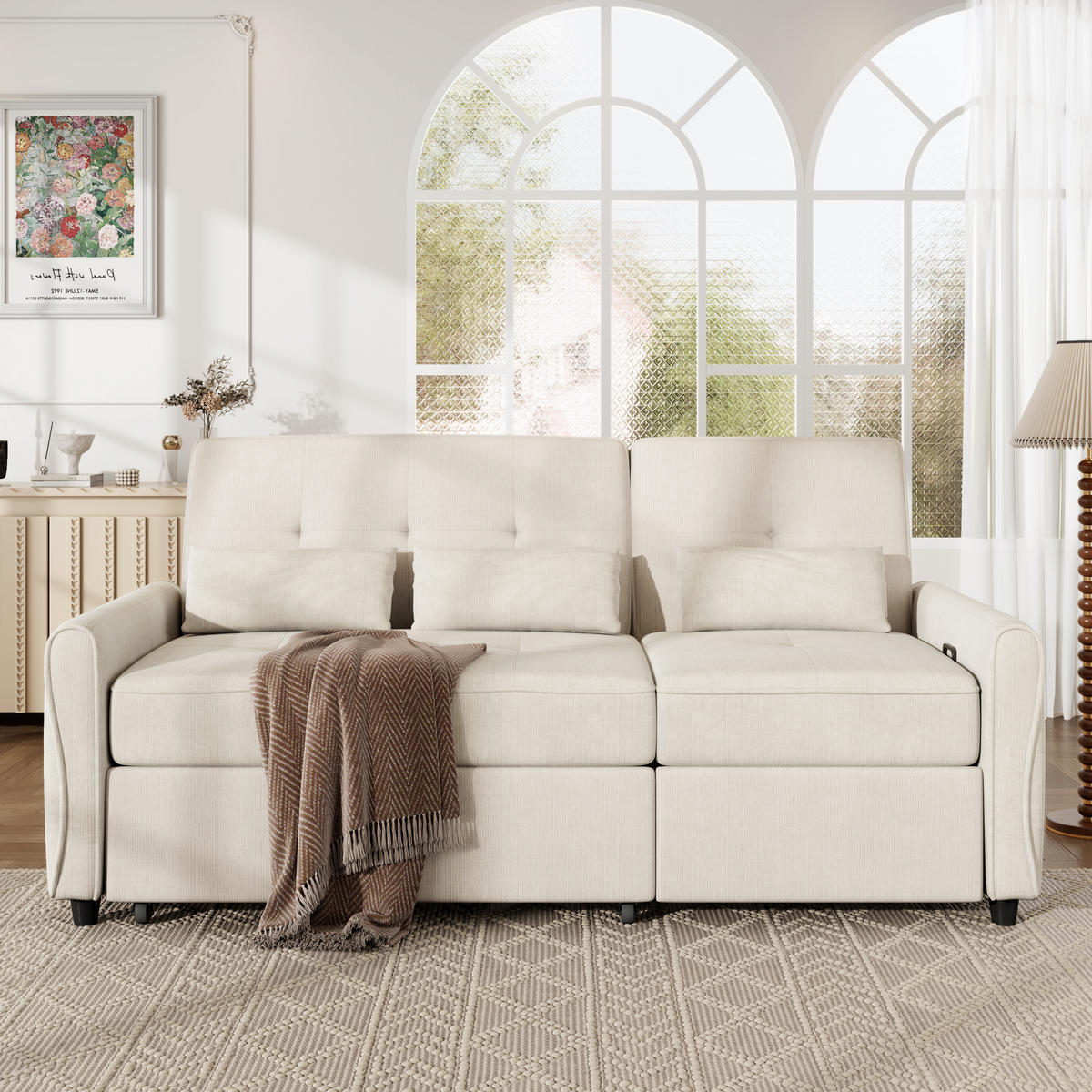 SCHLAFSOFA 3-Sitzer 3-in-1 ausziehbar Chenille, DE-42933, Beige - Beige, Metall (176/83/148cm) - ComfortXL