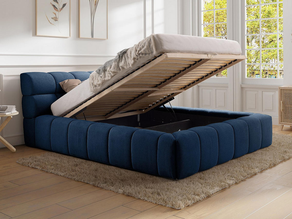 BETT mit Bettkasten - 2 Personen - Stoff - Marineblau - Dunkelblau, Textil (180/200cm) - Vente-Unique
