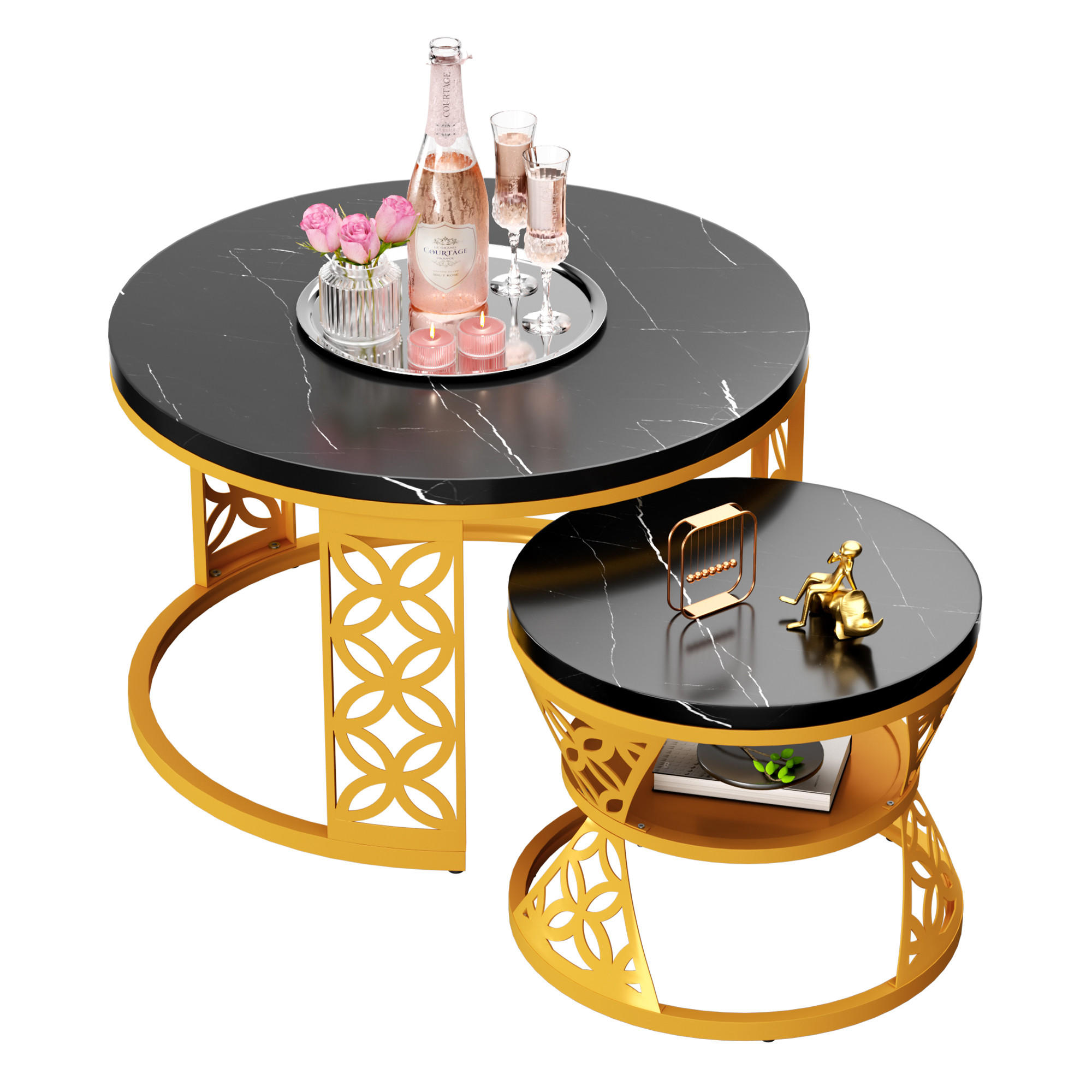 COUCHTISCH 2-teiliges Set Nesting Satztisch 70x70x45 cm + 45x45x37 cm Schwarz und Gold mit Marmor Furnier - Schwarz, Holzwerkstoff (70/70/45cm) - Modfu