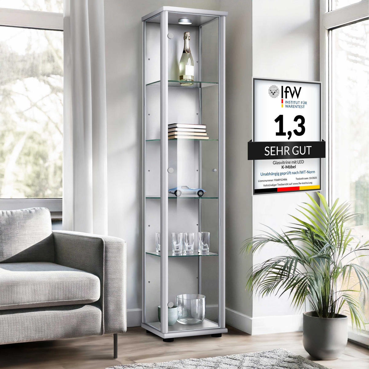 GLASVITRINE 33/37/176 cm mit LED & 4 höhenverstellbaren Glasböden - Transparent/Silberfarben, Glas/Holzwerkstoff (37/176/33cm) - K-Möbel