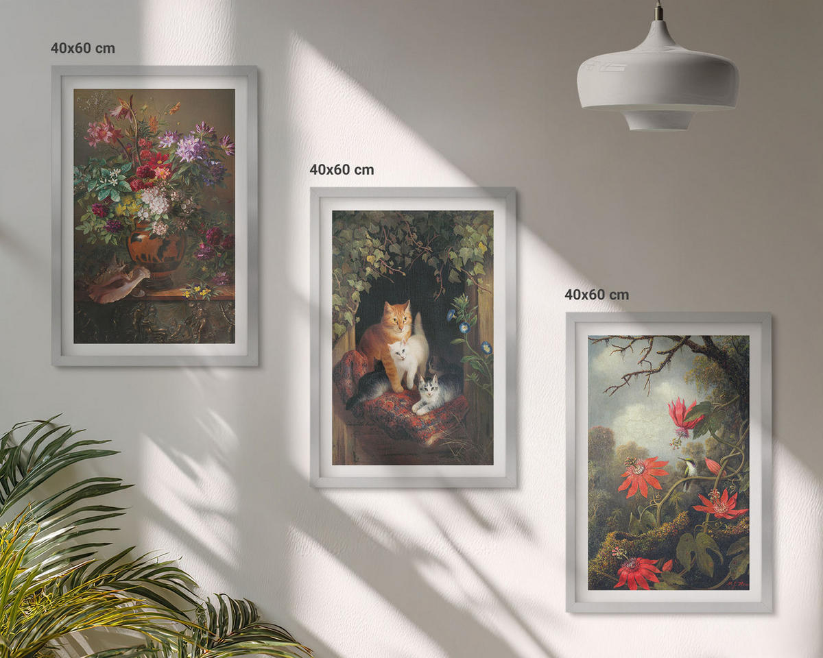 BILDER SET 3er Set - 40x60 cm Silberner Rahmen - Vintage-Blumen, Katzen, Natur - Silberfarben, Kunststoff (40/60cm) - TULUP