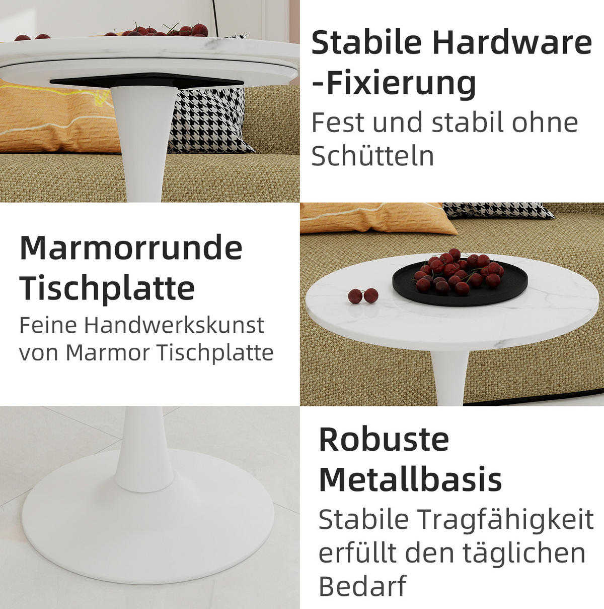 COUCHTISCH 70,1 cm rund im minimalistischen Design mit Tischplatte in Marmoroptik, Weiß - Weiß, Stein (70/70/72cm) - Modfu