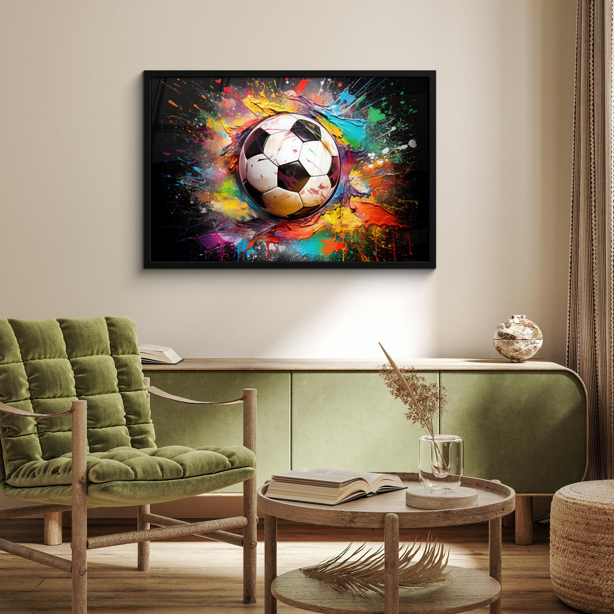 POSTER MIT RAHMEN Fußball - Farbe - Farben - Schwarz - Weiß 90x60 cm - Weiß, Papier (90/60cm) - MuchoWow