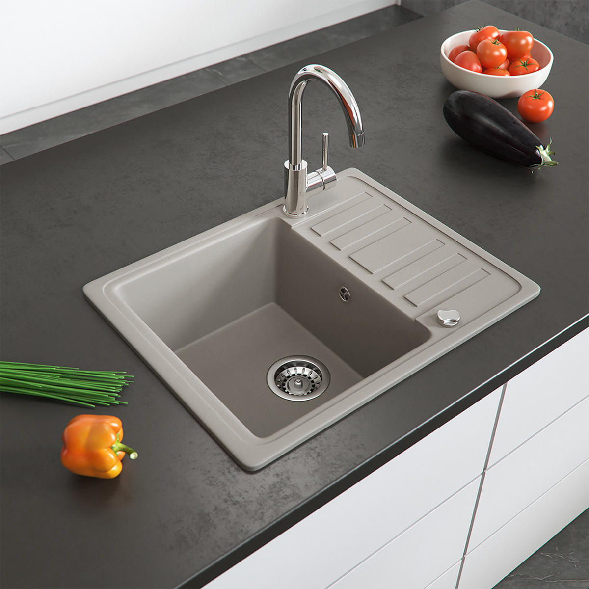 SPÜLBECKEN Beige 57.5 x 46 cm mit Trockenplatz - Beige, Keramik (57.5/19/46cm) - Bergstroem