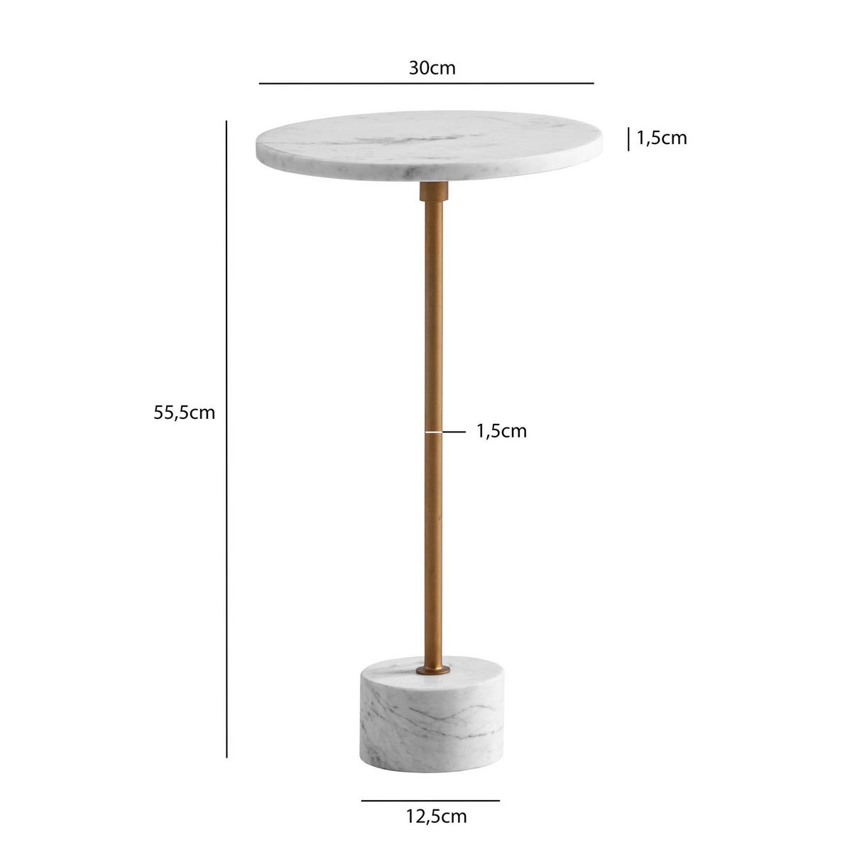 BEISTELLTISCH – Rund Echter Marmor Weiß Gold 30x30x55,5 cm - Weiß, Metall (30/30/56cm) - KADIMA DESIGN