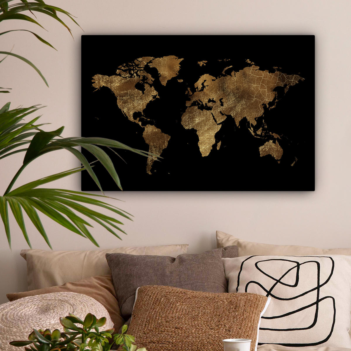 LEINWANDBILD Weltkarte - Gold - Luxus - Erde - Schwarz Gemälde 60x40 cm - Goldfarben, Textil (60/40cm) - MuchoWow