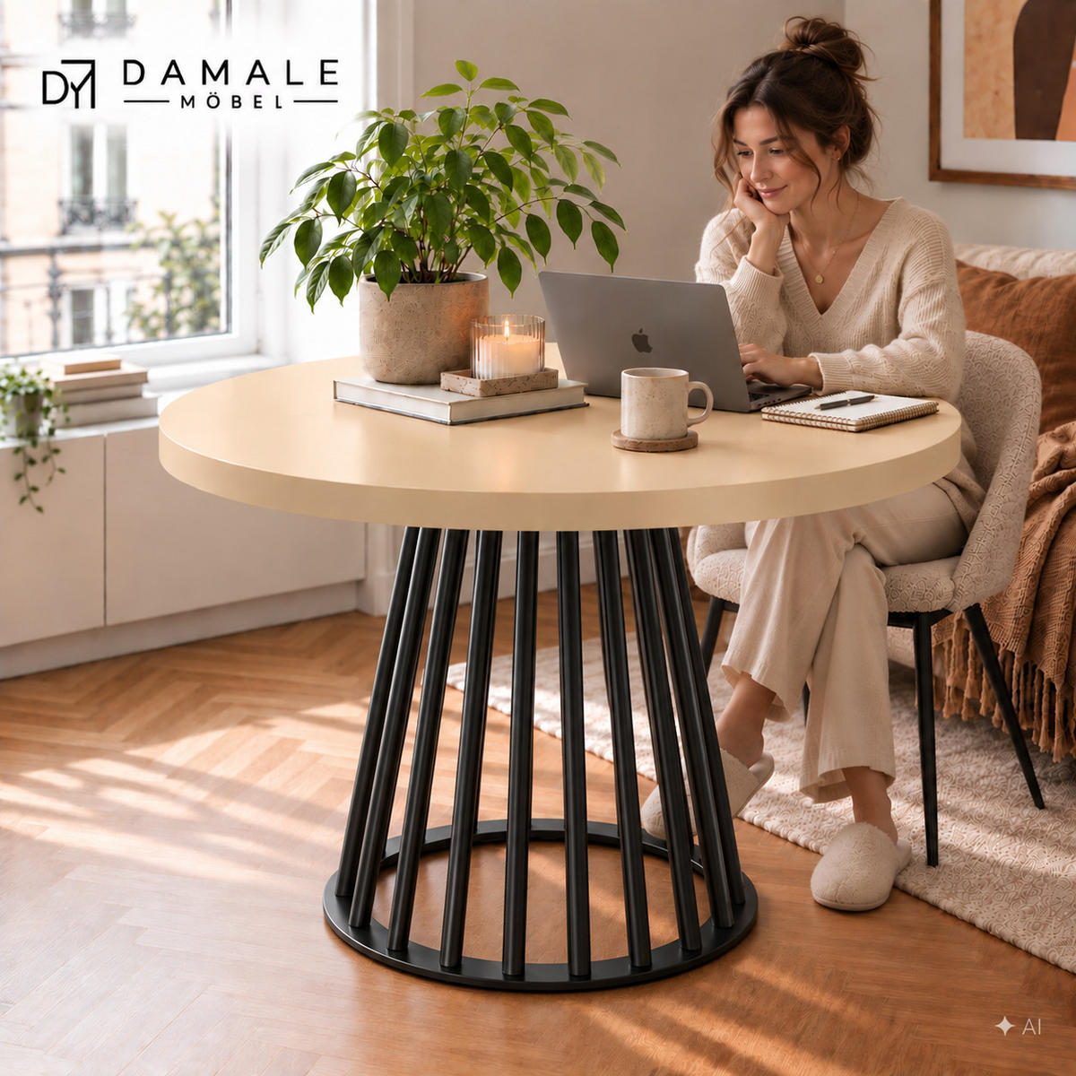 ESSTISCH rund ausziehbar 100/300/76 cm, Kaschmir, 54 cm Tischplatte + Lamellen-Metallgestell Schwarz - Kaschmir/Schwarz, Holzwerkstoff/Metall (100/300/76cm) - Damale Möbel