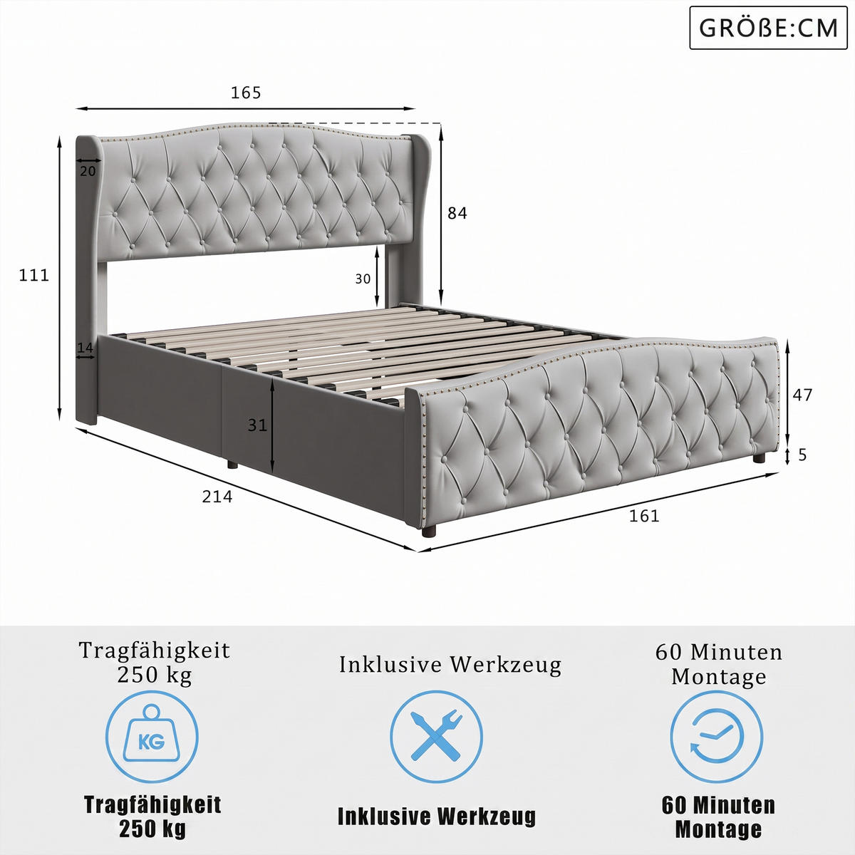 POLSTERBETT 160x200 cm mit Bettkasten, Doppelbett mit Kopfteil, Lattenrost und Stauraum, Samt Grau - Grau, Holz/Textil (160/200cm) - GENKI LIVING