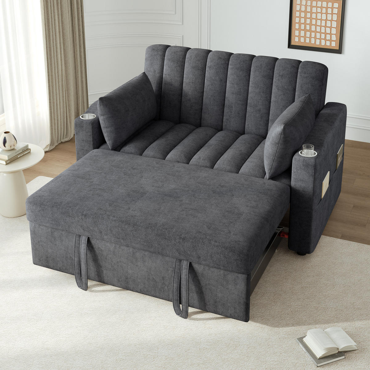 SCHLAFSOFA aus Baumwoll-Leinenstoff 136x162x84 cm Grau mit verstellbarer Rückenlehne, Getränkehaltern und Seitentaschen - Grau, Textil (162/84/136cm) - Modfu