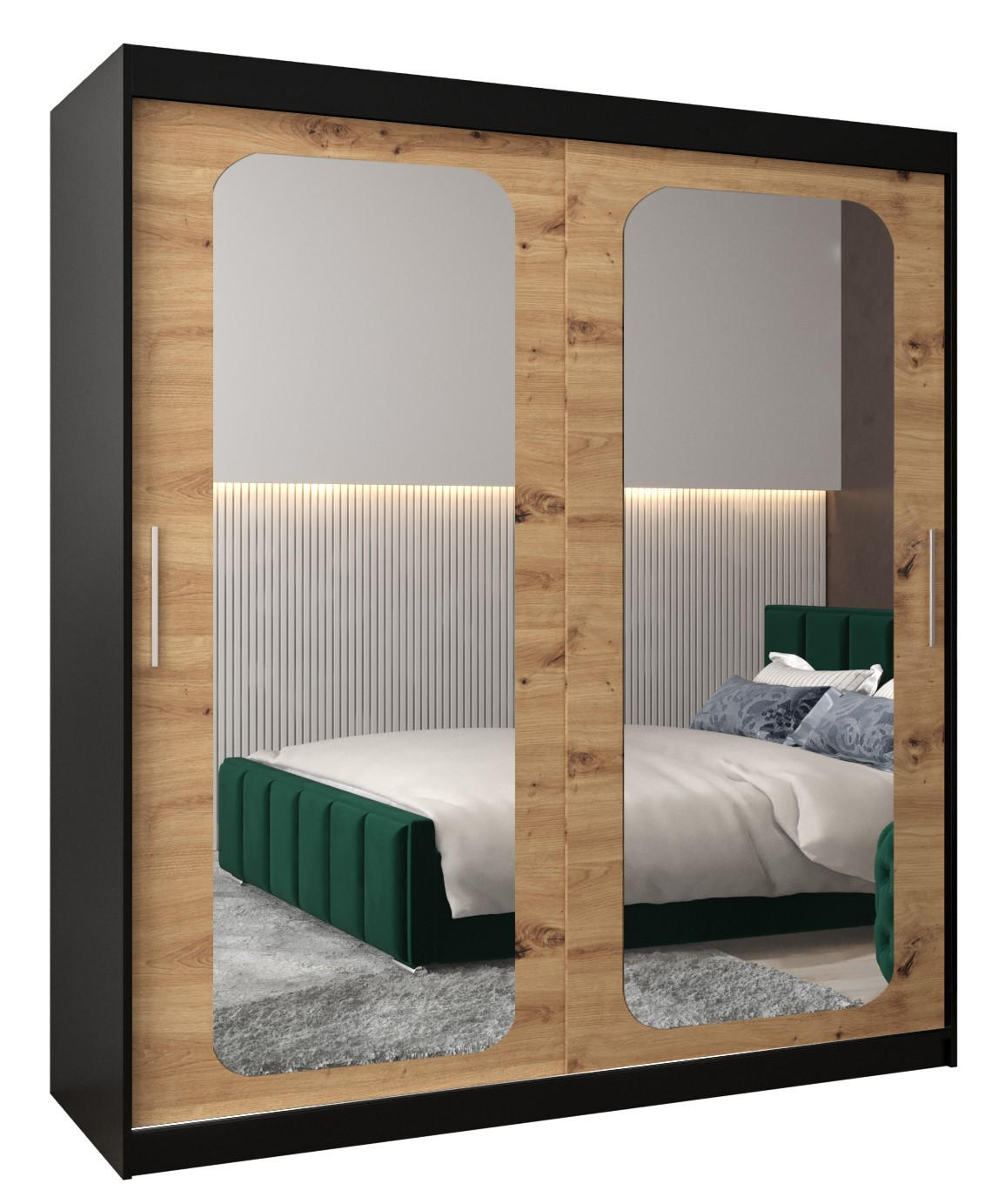 Abiks Möbel Schwebetürenschrank Schwarz, Eiche Artisan 180x200x62 cm