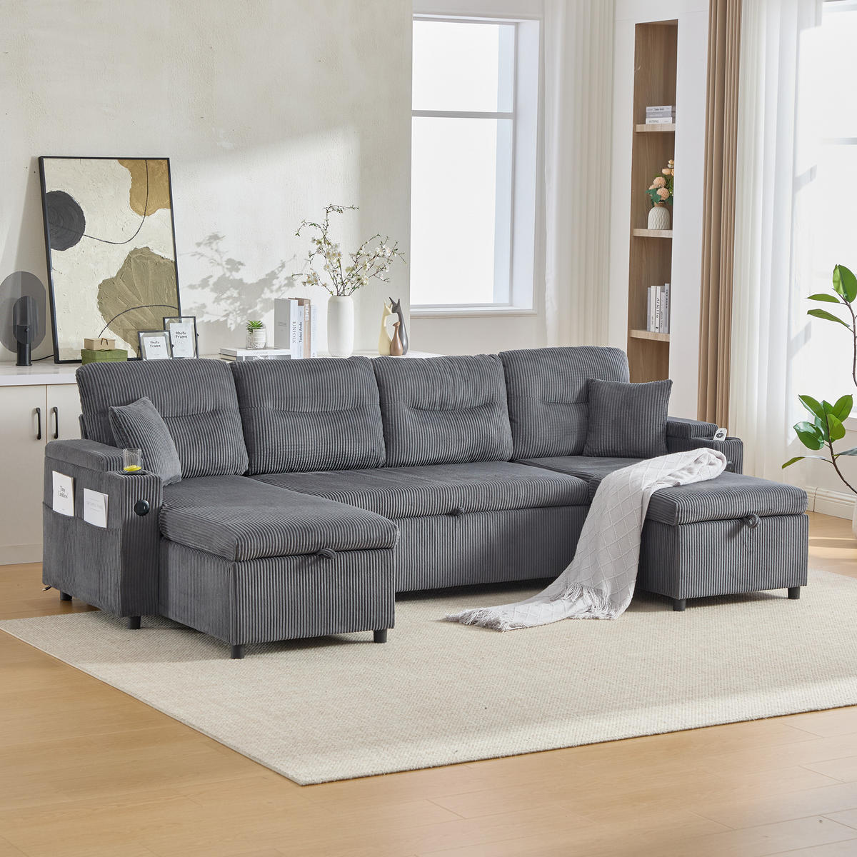 SCHLAFSOFA 4-Sitzer mit Chaiselongues, USB und Stauraum, Schwarz - Grau, Textil (272/86/136cm)