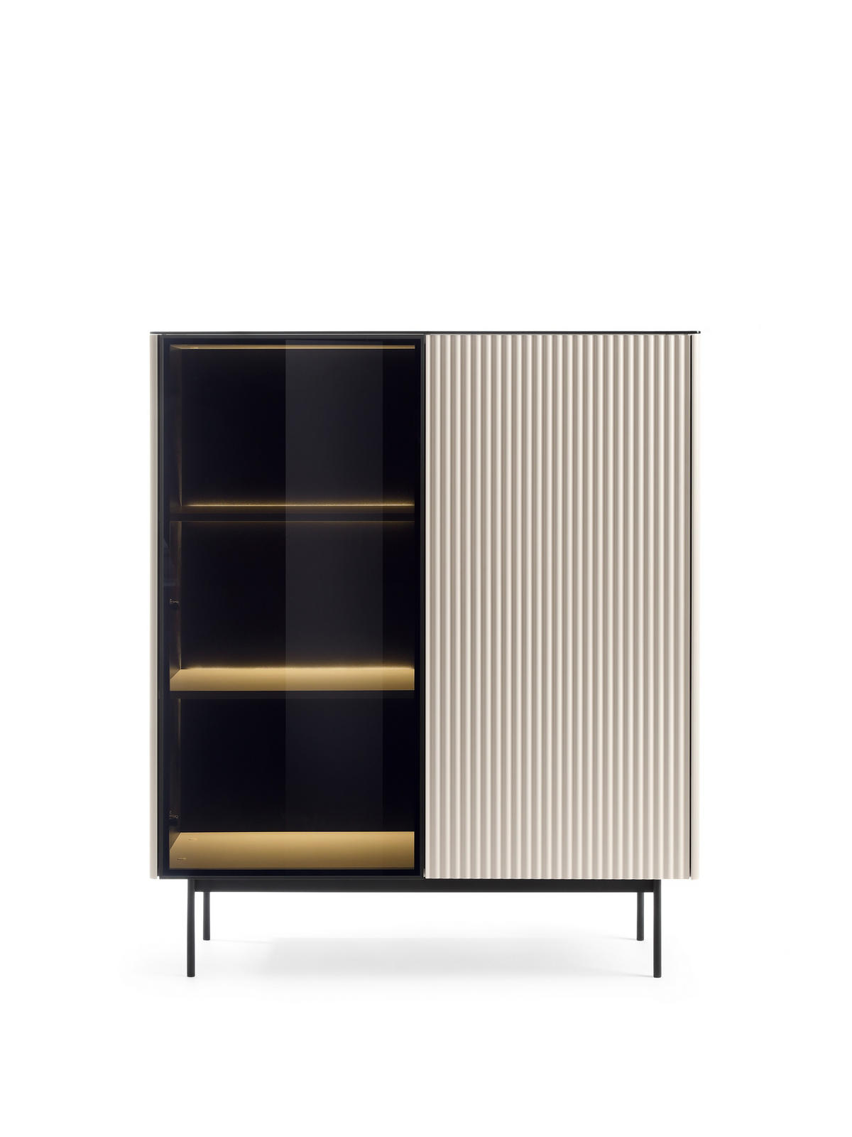 VITRINE Rita Kaschmir, mit LED Beleuchtung und Glasfront - Kaschmir/Schwarz, Holzwerkstoff (107/126/39cm) - Bettso