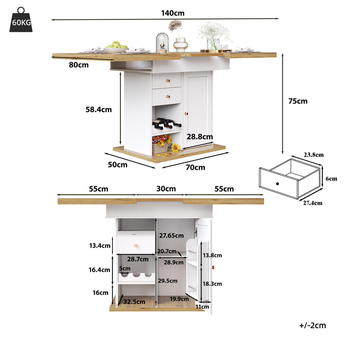 AUSZIEHBARER Esstisch MDF mit Stauraum & Weinregal, 110-140/80/75 cm, Natur/Weiß - Weiß, Holzwerkstoff (110/80/75cm) - Redom