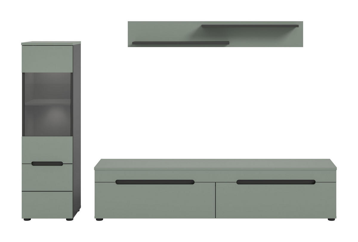 WOHNWAND inkl Beleuchtung Nova 3 tlg. (B/H/T: ca. 221/141/33 cm) in Basalt grau/Smoke Green - Grau, Holzwerkstoff (221/141/33cm)
