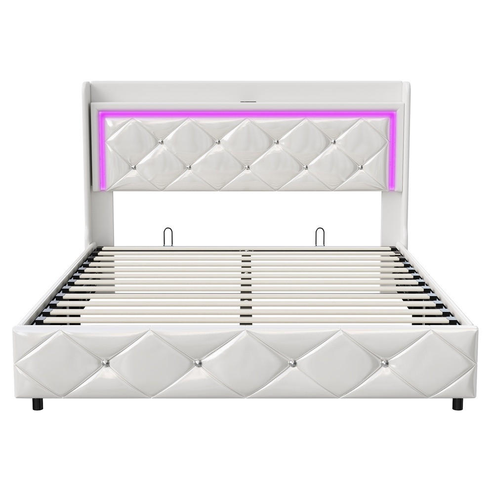 POLSTERBETT 140x200 cm mit LED-Beleuchtung , USB-Ladestation und hydraulischer Hebefunktion - ohne Matratze - Weiß, Textil (140/200cm) - DELFA