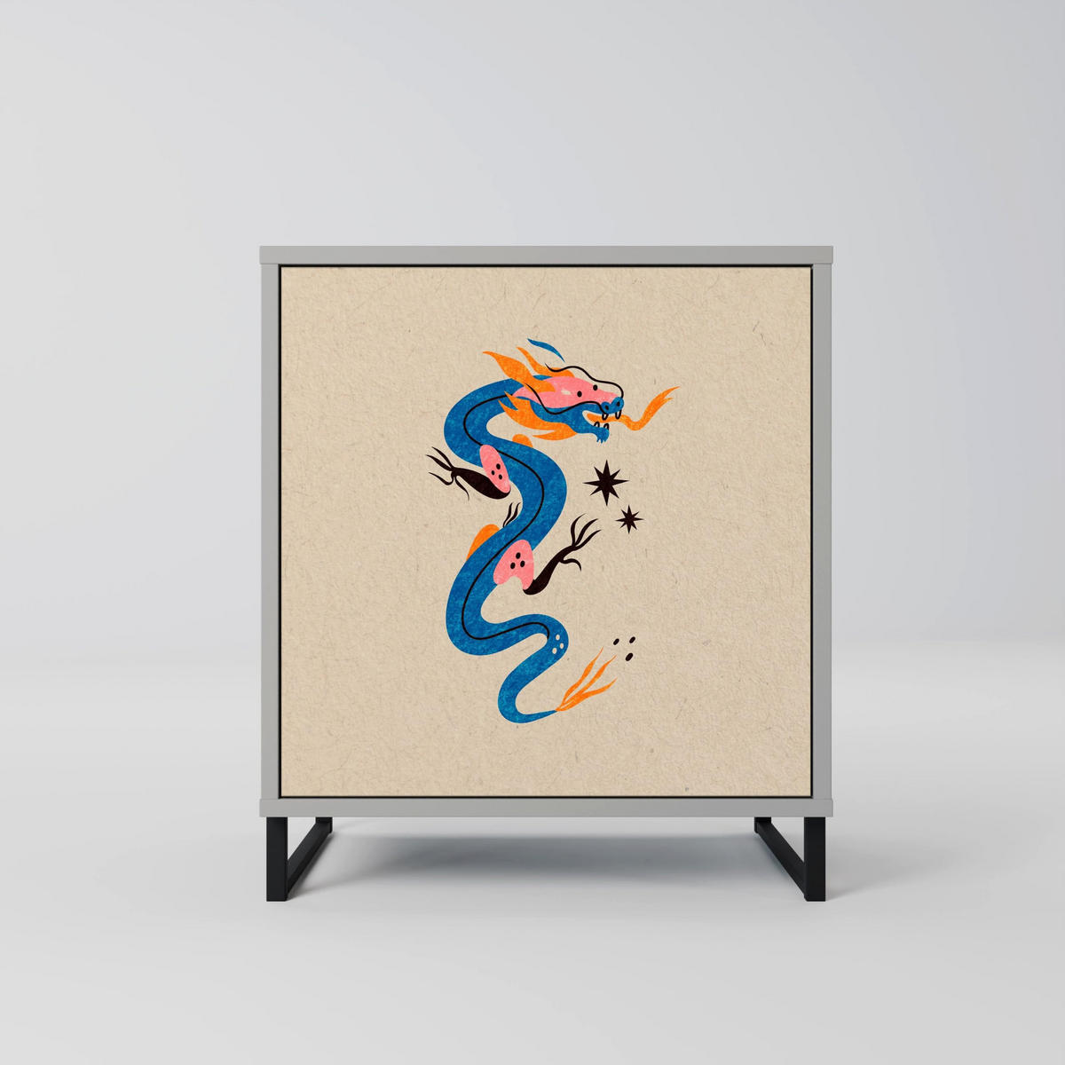 SIDEBOARD MYTHOLOGICAL CREATURES, Grau, 57,5x42x67,5 cm, Schwarze Metall-Rahmenfüße - Multicolor/Schwarz, Holzwerkstoff/Metall (57.5/67.5/42cm) - SpaceRebels