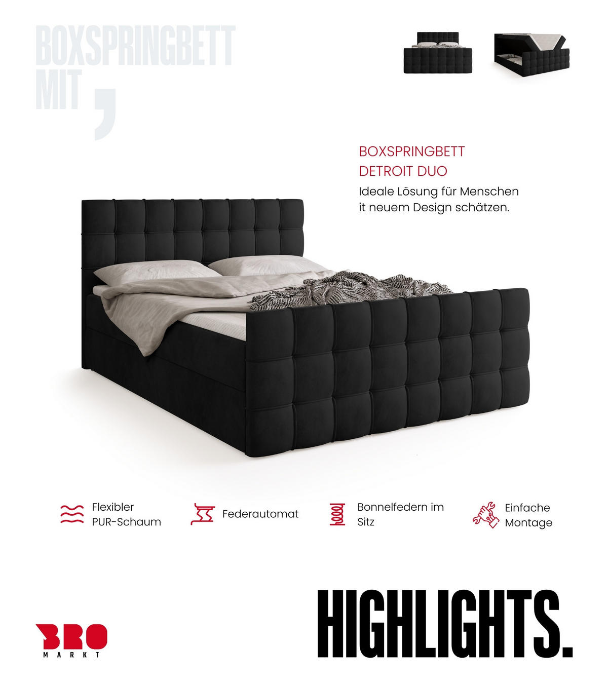 BOXBETT Detroit Duo mit Topper 160/200 Schwarz - Schwarz, Textil (160/200cm) - Bromarkt