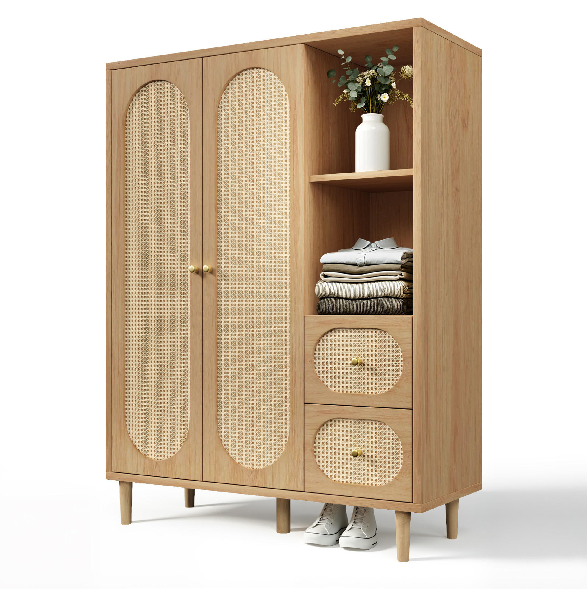 KLEIDERSCHRANK 161/120/44 cm in Eiche mit Rattanfronten und 2 Schubladen - Eichefarben, Holz (120/161/44cm) - BEAOK