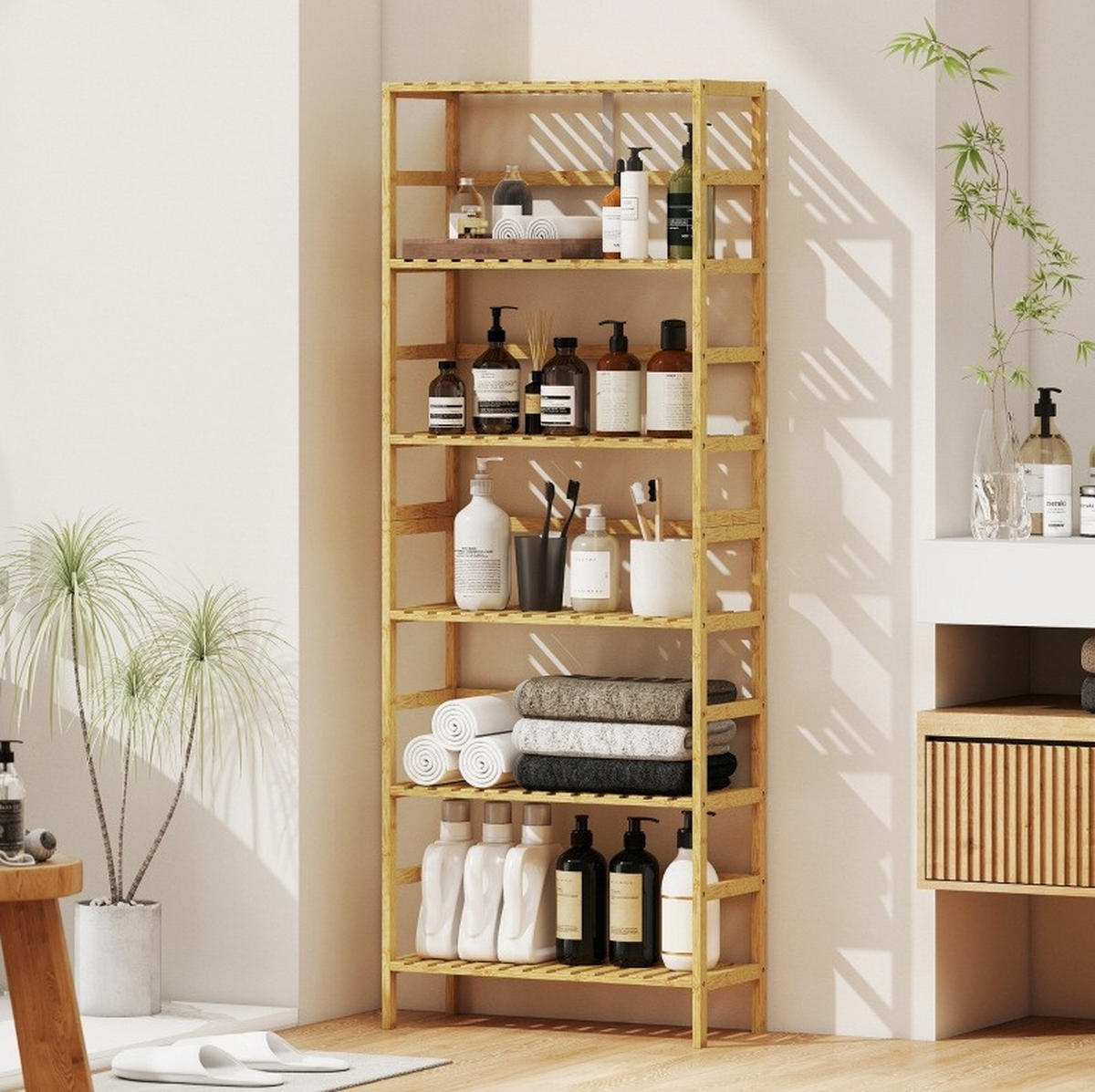 STANDREGAL aus Bambus 60x26x161 cm Naturholz mit 6 Ebenen, verstellbaren Regalböden und platzsparendem Design - Naturfarben, Naturmaterialien (60/161/26cm) - Modfu