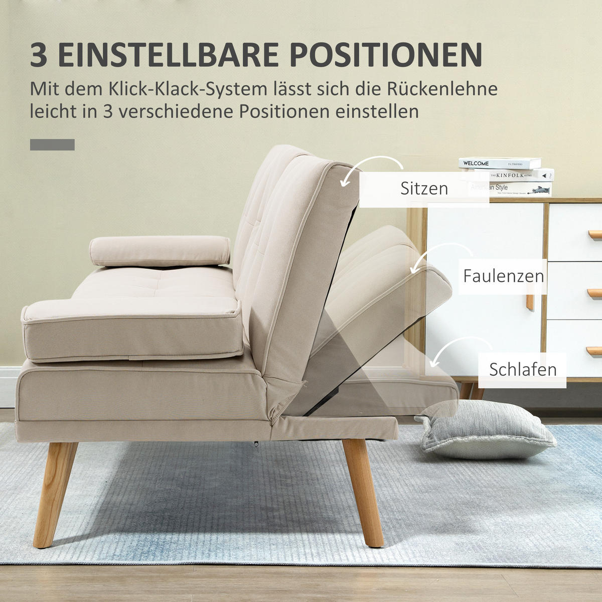 SCHLAFSOFA Sofabett Schlafcouch 3 Sitzer Leinen Beige - Beige/Naturfarben, Holz/Textil (77/78/181cm) - HOMCOM