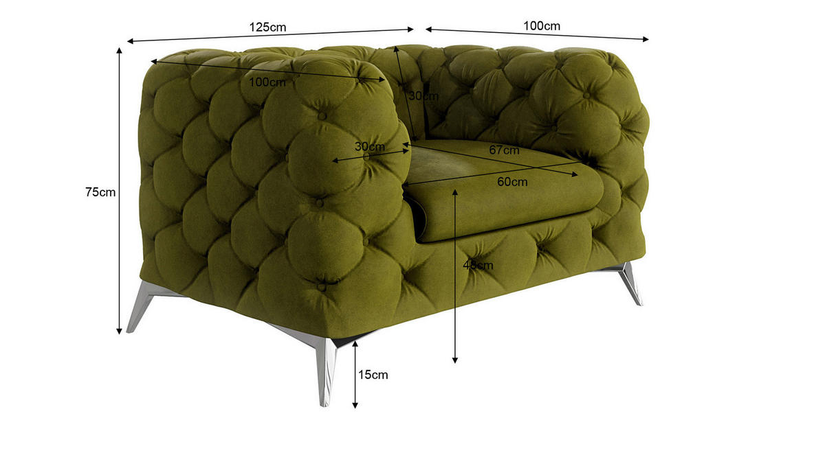CHESTERFIELD-SESSEL Laura Olive Samt - Silberfarben/Olivgrün, Holz/Textil (125/75/100cm) - S-Style Möbel
