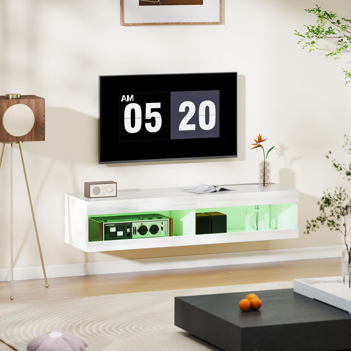 TV Schrank, Hängendes TV Lowboard mit RGB LED-Beleuchtung, offenen Stauraum - Weiß Hochglanz, Holzwerkstoff (40/30/140cm) - HOMCOM