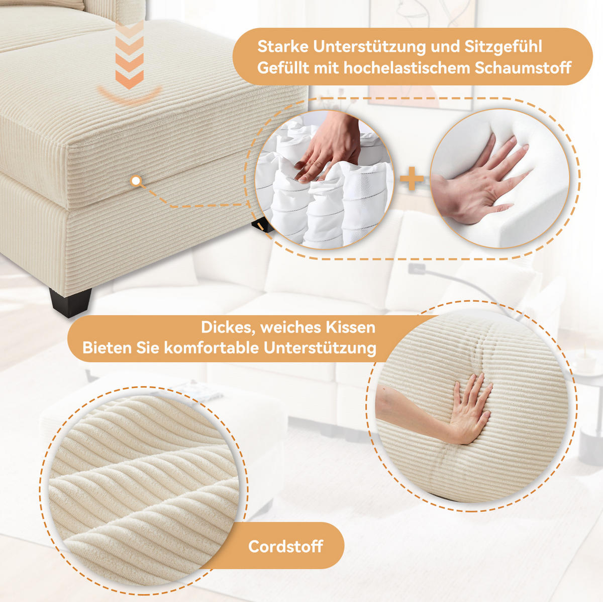 ECKSOFA 213,5/139/87 cm beige aus Cord mit USB-Anschluss und Hocker - Beige, Textil (139/213.5cm) - OKWISH