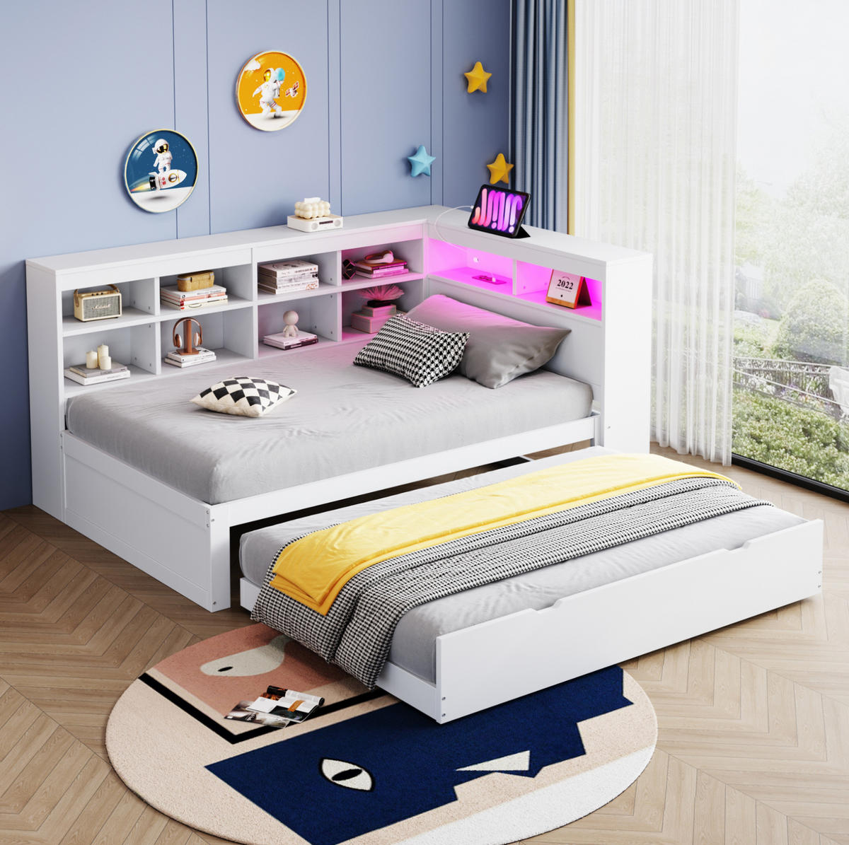 BETT 90x200 cm Weiß mit Ausziehbett, USB-Steckdose, LED-Beleuchtung und Stauraum - Weiß, Holzwerkstoff (90/200cm) - Modfu