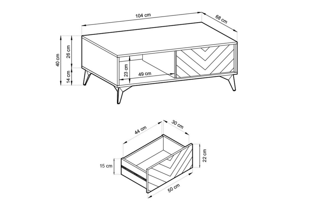 COUCHTISCH Diamond 104 cm Eiche Evoke, Schwarze Beine, mit Schublade - Schwarz, Holzwerkstoff (68/104/68cm) - Bettso