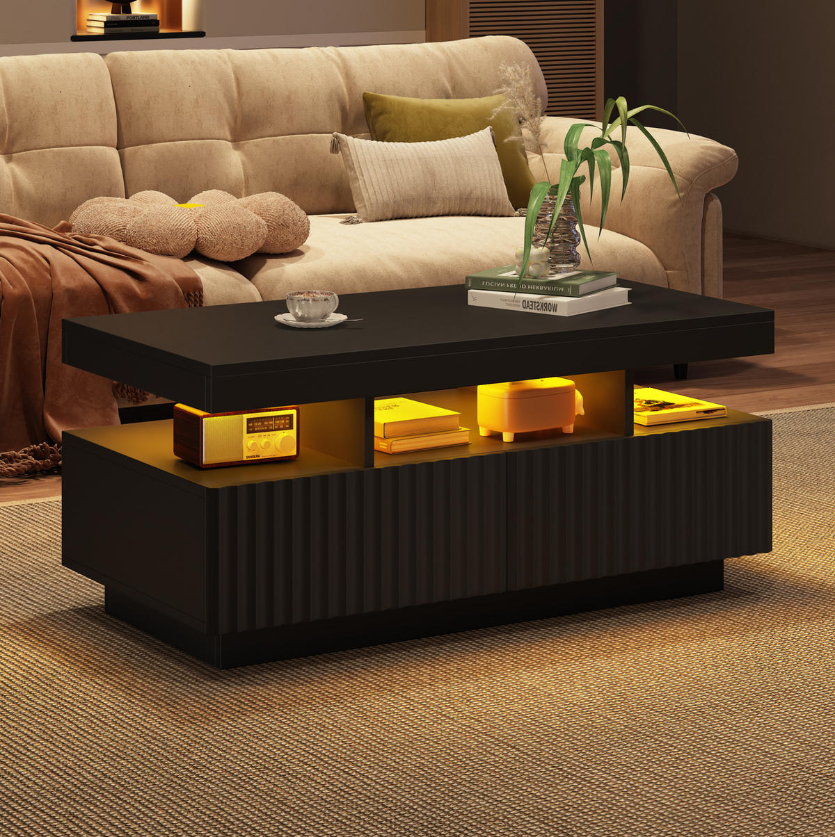 COUCHTISCH 100/50/45 cm Schwarz mit 2 Schubladen und LED-Beleuchtung - Schwarz, Holzwerkstoff (100/50/45cm) - OKWISH