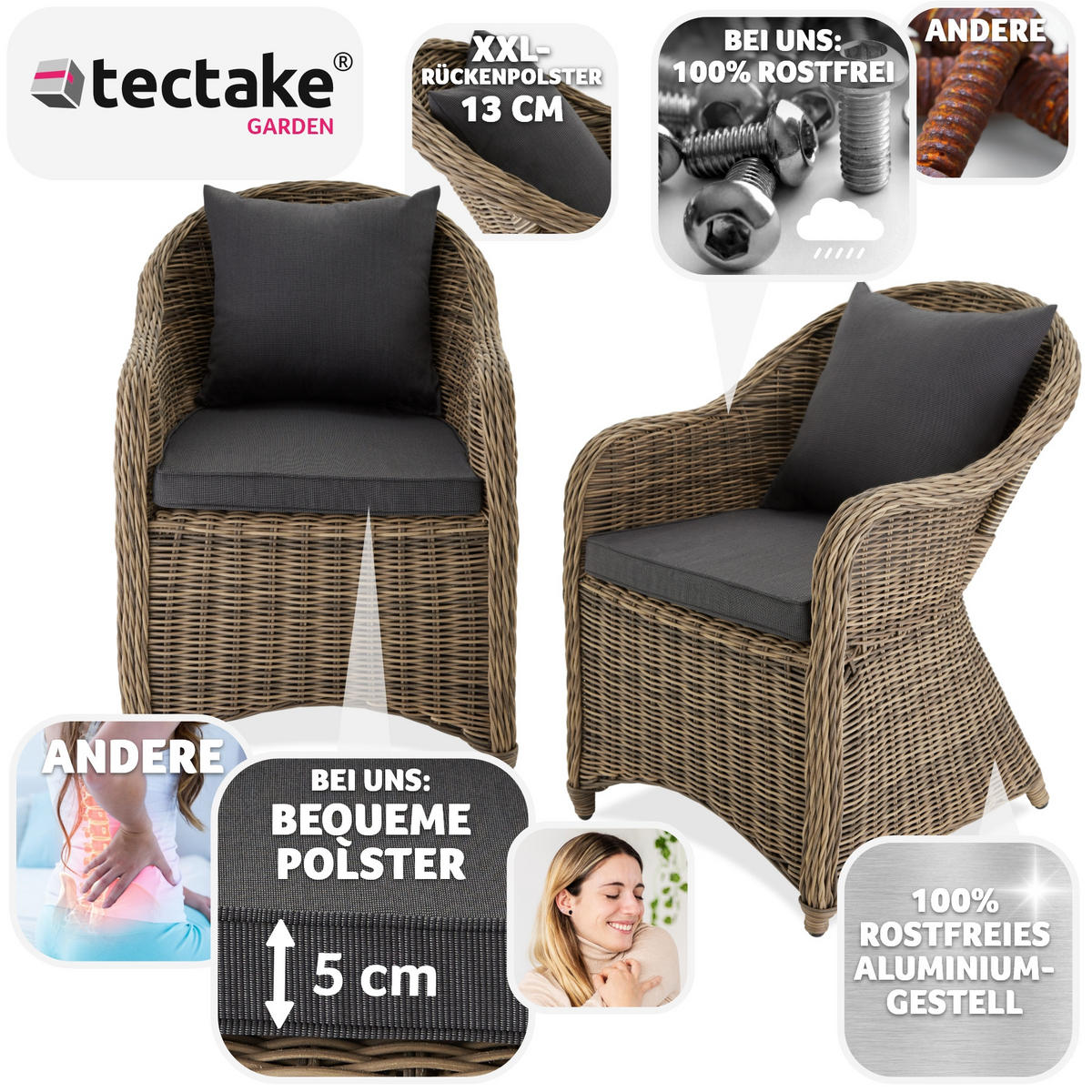 RATTANSESSEL 2er Set, 71 x 60 x 84 cm,natur - Naturfarben, Kunststoff (60/84/71cm) - tectake